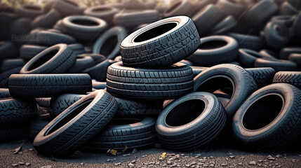 Pile of used car tires on the ground. Generative AI