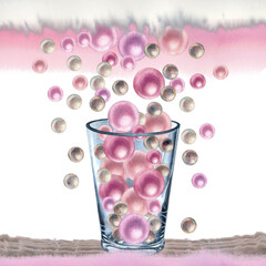 Watercolor hand drawn illustration of a glass vase and rose, white, beige pearls. Elements isolated on white background.