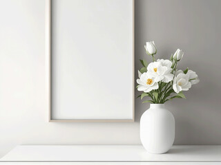 Empty White Frame, Flowers in Trendy White Vase on a Table with Beige Color Wall using Generative Ai technologie