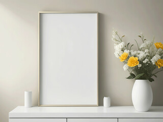 Empty White Frame with Golden Border, Decorative Flowers in Trendy Vase on a Table with Beige Color Wall using Generative Ai technologie