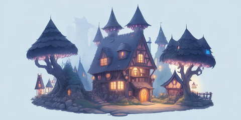 A fabulous large wooden house in a magical forest, halloween motif on a light blue background, fantasy illustration. Ai generation