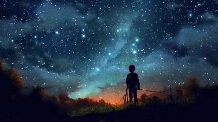 Naklejka na ściany i meble child looks at the night sky