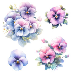 Fototapeta na wymiar Watercolor set of pansy flowers, multicolored pansies