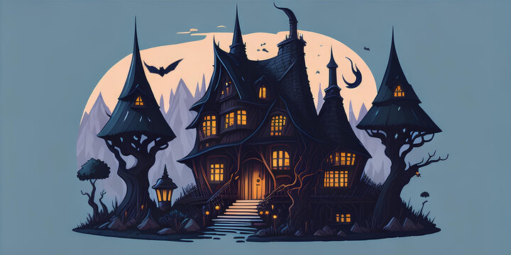 A fabulous large wooden house in a magical forest, halloween motif and fantasy on a light blue background, fantasy illustration. Ai generation