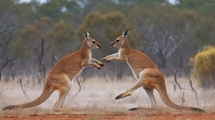 Naklejka na ściany i meble Two kangaroos fighting in a boxing match. Generative AI