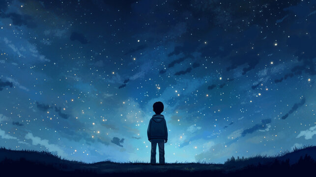 child looks at the night sky