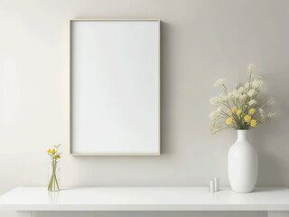 empty white frame and decoration with white trendy vase with flowers on a table in the interior, a template for designer using Generative Ai technologie