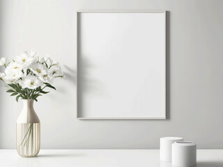 empty frame and decoration with white trendy vase with flowers on a table in the interior, a template for designer using Generative Ai technologie