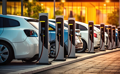 Electric cars charging in The Electrifying Lineup at the Public Charging Hub. Generative AI