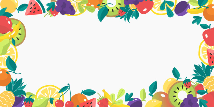 Frame of fruits and berries in vector, flat style.