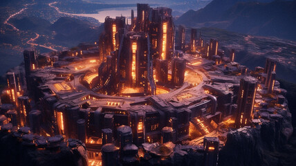 Obraz premium The ruins of a cyberpunk city in neon lights, created with AI Generative Technology