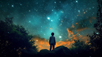 Obraz premium child looks at the night sky