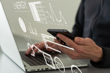 virtual screen with energy percentages hologram, virtual screen icons and global connection. Concept of energy and save money