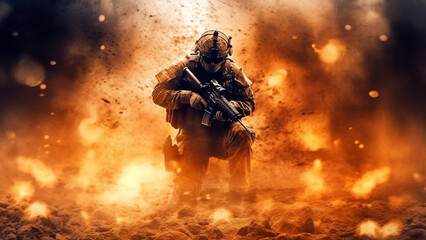Military special forces soldier crosses destroyed warzone through fire and smoke in the desert.