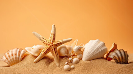Fototapeta na wymiar Sand with starfishes and seashells on pale orange background, Generative AI