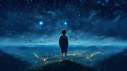 Obraz premium child looks at the night sky
