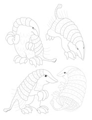 Pink Fairy Armadillo. Chlamyphorus truncatus. Unique Animals. Black and white linear drawing. For children's design of coloring books, prints, posters, stickers, cards, puzzles, cards and so on. Vecto