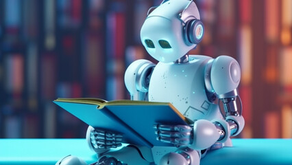Fototapeta premium Robot humanoid reading book and solving math data analytics in concept.