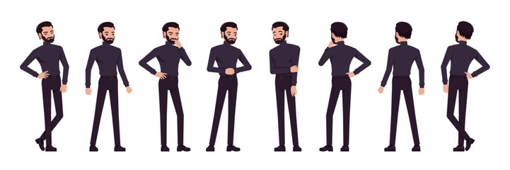 Business consultant professional male set, handsome latino man different standing poses. Office worker, cool manager in black turtleneck. Vector flat style cartoon character isolated, white background