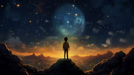 Fototapeta premium child looks at the night sky