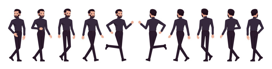 Obraz premium Business consultant professional male set, handsome latino man different walk, run poses. Office worker, manager in black turtleneck. Vector flat style cartoon character isolated, white background