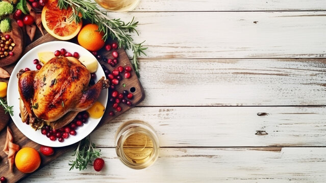 Thanksgiving turkey on a rustic wooden white table