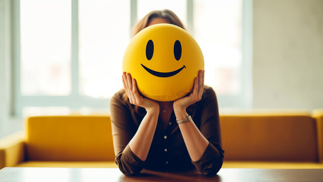 Woman holding smile icon which is yellow color.