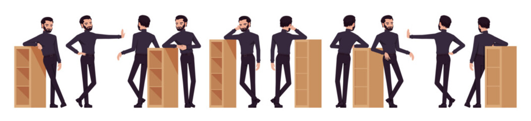Business consultant professional male set, handsome latino man leaning on bookshelf poses. Office worker, manager in black turtleneck. Vector flat style cartoon character isolated, white background © andrew_rybalko