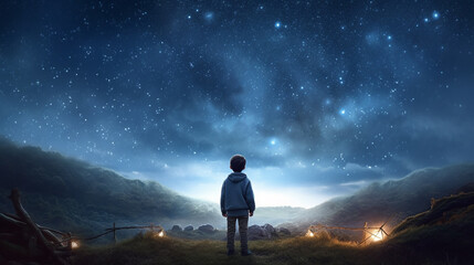 Fototapeta premium child looks at the night sky