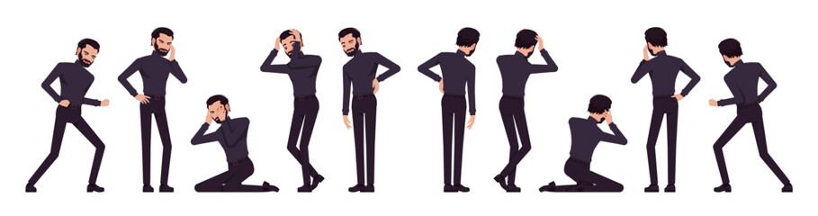 Business consultant negative emotion male set, handsome latino man different standing poses. Office worker, manager in black turtleneck. Vector flat style cartoon character isolated, white background