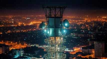 Antenna for the 5G cellular network atop a communications tower in a nighttime metropolis. Generative AI
