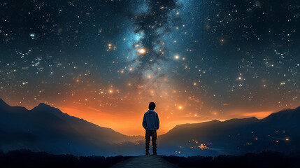 Fototapeta premium child looks at the night sky
