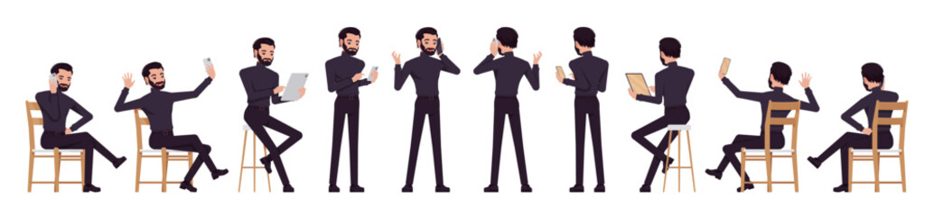 Business consultant professional male set, handsome latino man with different gadgets. Office worker, cool manager in black turtleneck. Vector flat style cartoon character isolated, white background