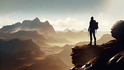 Hiker at the summit of a mountain overlooking a stunning view. Apex silhouette cliffs and valley landscape Ai generated image