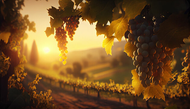 Dreamy vineyard at sunset. Golden hour grapes on the vine growing on a farm. Beautiful landscape Ai generated image