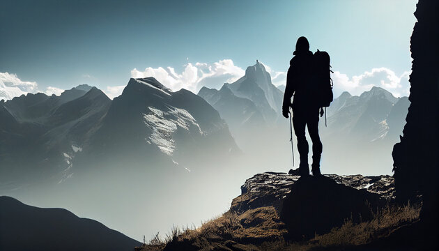 Hiker at the summit of a mountain overlooking a stunning view. Apex silhouette cliffs and valley landscape Ai generated image