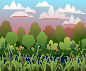Reeds are growing. Grass densely green. Summer coastal landscape. Bank of river or lake. Cartoon fun style. Flat design. Red evening sunset. Vector