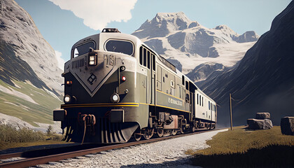 Train riding on tracks through the mountains. Swiss locomotive in the Alps. Train cars landscape Ai generated image - obrazy, fototapety, plakaty