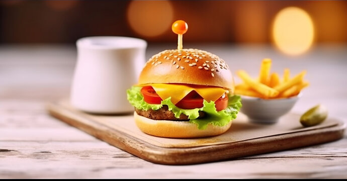 Mini burger shows tongue. The concept of a favorite children's burger. Generative AI