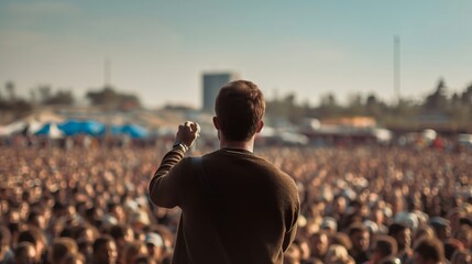 A speaker with microphone in front of audiences back view. Generative AI.