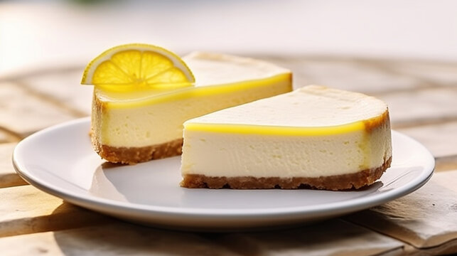 Two slices of lemon cheesecake on a plate. Generative AI