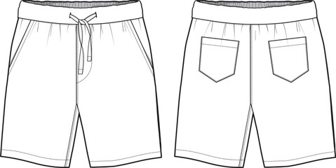 Men's shorts front and back view flat sketch fashion illustration, Boxer short illustration