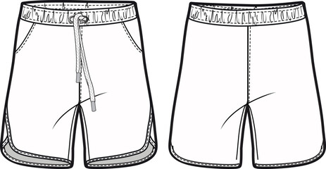 Men's running shorts front and back view flat sketch fashion illustration