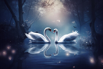 Animal, wildlife, love and fantasy concept. Two white swans in love swimming in lake. Swans making heart shape from necks in dreamlike and magical background with copy space. Generative AI