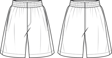 Men's Basket ball shorts front and back view flat sketch fashion illustration