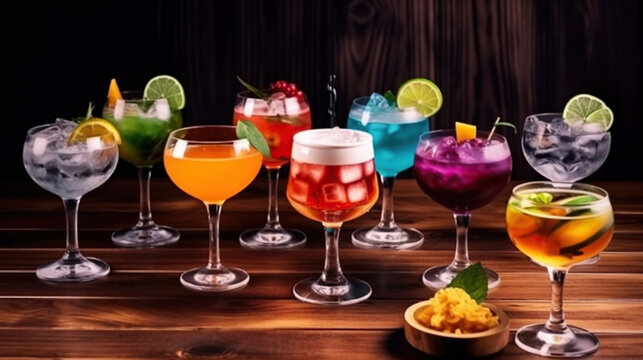 Different colorful exotic alcoholic cocktails on wood. Generative AI
