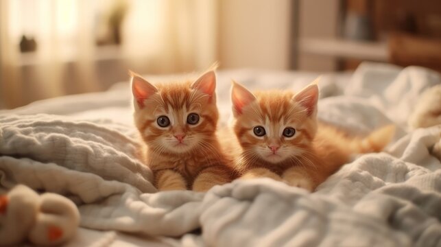 Cute kittens on a blanket on bed in morning. Generative AI.