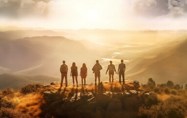 Groups of friends standing on mountain with sunset, International Friendship Day, Generative Ai
