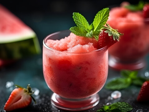 Watermelon strawberry sorbet with mint leaf on dark background, close up. Freshly blended iced strawberry and watermelon smoothie in transparent glass. Red berry sorbet, summer dessert concept. AI