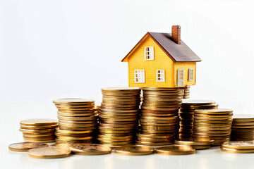Miniature house on stack of coins on white background. Mortgage, investment, real estate, property and new home concept. Generative AI